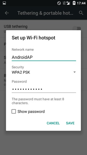 Enter a Wi-Fi hotspot password of at least 8 characters and select SAVE