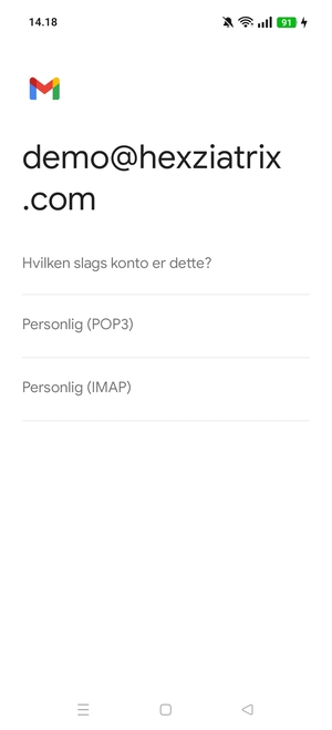 Vælg Personlig (POP3) eller Personlig (IMAP)