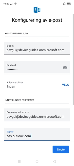 Skriv inn Brukernavn og Exchange serveradresse. Velg Neste