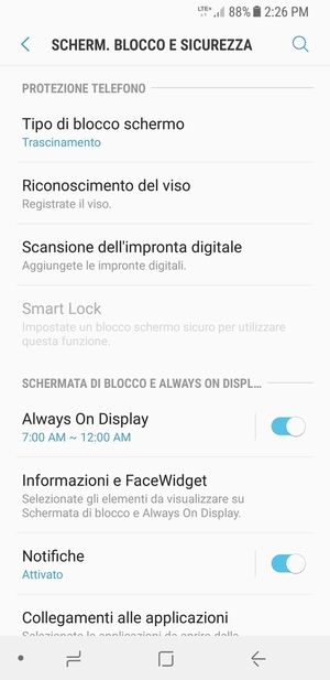 Per attivare il blocco dello schermo, vai al menu Scherm. blocco e sicurezza e seleziona Tipo di blocco schermo