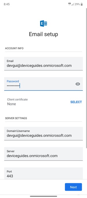 Enter Username and Exchange server address. Select Next