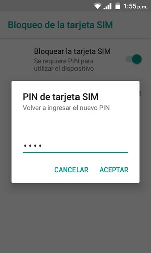Confirme nuevo PIN de tarjeta SIM y seleccione ACEPTAR