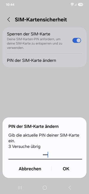 Geben Sie Ihre Aktuelle PIN Ihrer SIM-Karte ein und wählen Sie OK