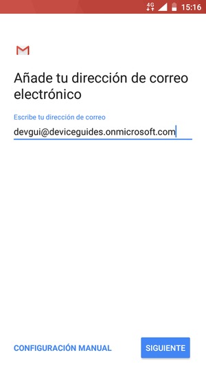 Introduzca su Dirección de correo electrónico y seleccione CONFIGURACIÓN MANUAL