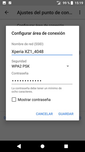 Introduzca una contraseña de punto de acceso Wi-Fi de al menos 8 caracteres y seleccione GUARDAR