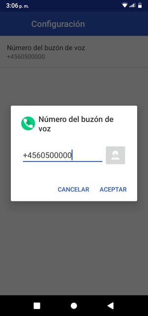 Introduzca el Número del buzón de voz y seleccione ACEPTAR