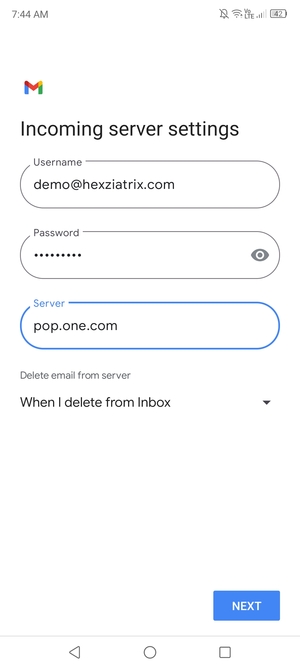 Enter Username and Incoming server address. Select NEXT