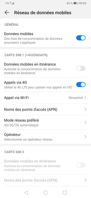 Faites défiler jusqu'à SIM 1 ou SIM 2 et sélectionnez Noms des points d'accès (APN)