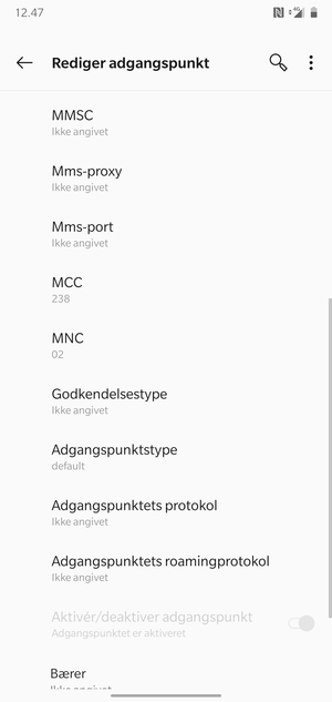 Scroll ned og indtast internet-oplysninger