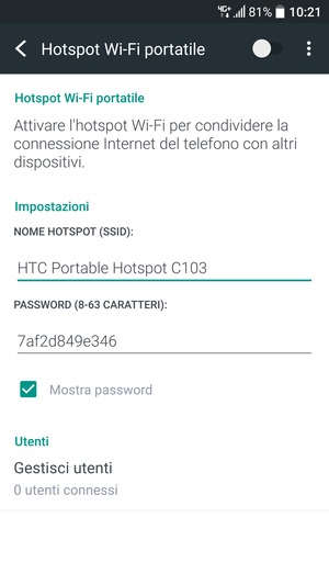 Inserisci una password di almeno 8 caratteri e abilita Hotspot Wi-Fi portatile