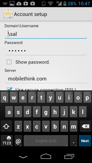 Enter Username and Exchange server address. Select Next