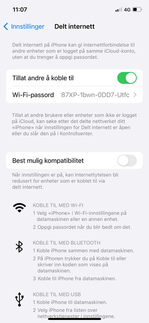 Telefonen din er konfigurert for bruk som et modem