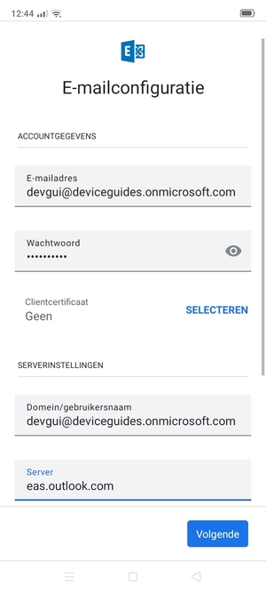 Voer Gebruikersnaam en Exchange serveradres in. Selecteer Volgende
