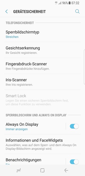Um Ihre Bildschirmsperre zu aktivieren, gehen Sie zum Gerätesicherheit Menü und wählen Sie  Sperrbildschirmtyp