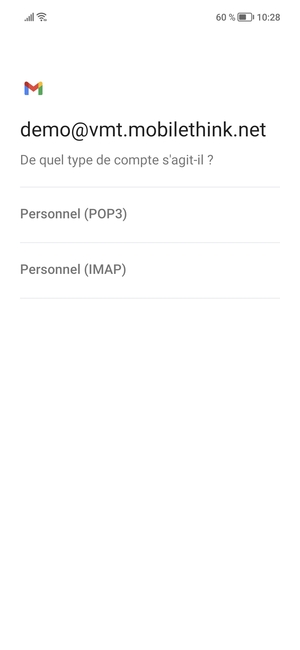 Sélectionnez Personnel (POP3) ou Personnel (IMAP)