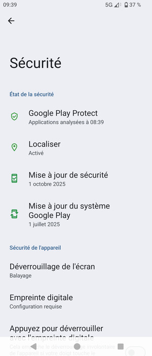Sélectionnez Déverrouillage de l'ecran