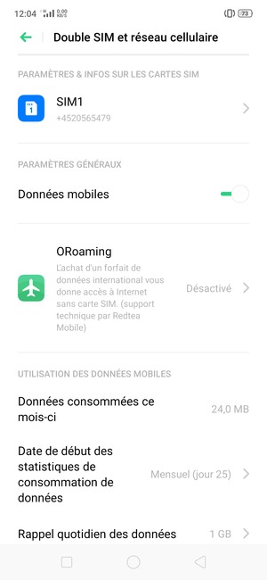 Sélectionnez SIM1 ou SIM2