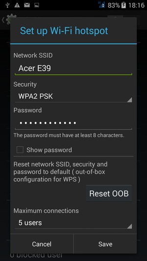 Enter a Wi-Fi hotspot password of at least 8 characters and select Save