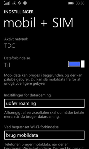 Vælg Indstillinger for dataroaming