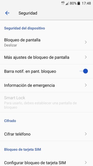 Para activar su bloqueo de pantalla, vaya al menú Seguridad y seleccione Bloqueo de pantalla
