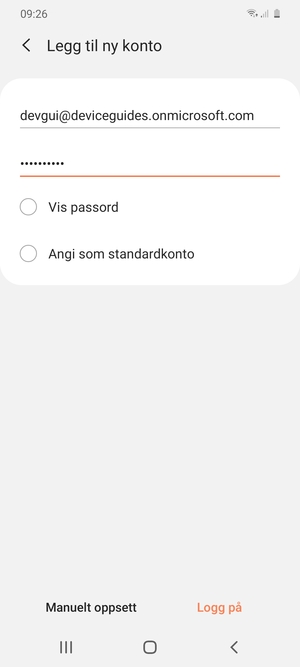Skriv inn e-postadresse og passord. Velg Manuelt oppsett