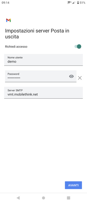 Inserisci l'indirizzo del server di posta in uscita e seleziona AVANTI