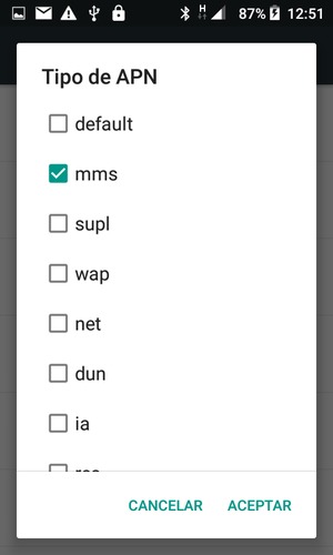 Marque la casilla de verificación mms y seleccione ACEPTAR