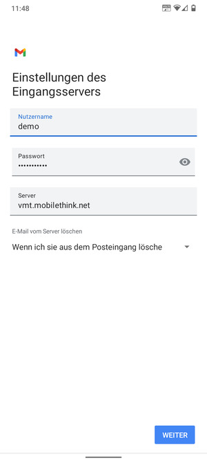 Geben Sie Benutzername und die Server-Adresse für eingehende Post ein. Wählen Sie WEITER