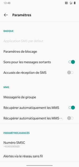 Sélectionnez Numéro SMSC