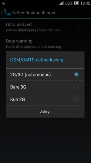 Velg Kun 2G for å aktivere 2G og 2G/3G (automodus) for å aktivere 3G