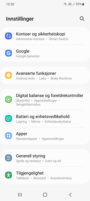 Bla til og velg Kontoer og sikkerhetskopi