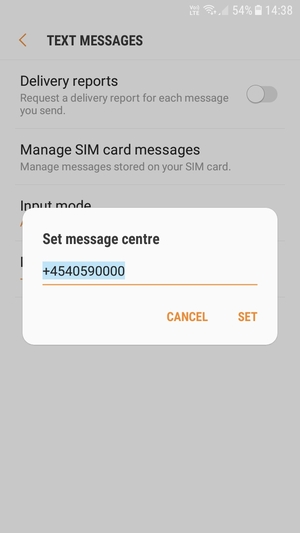 Enter the Message centre number and select SET