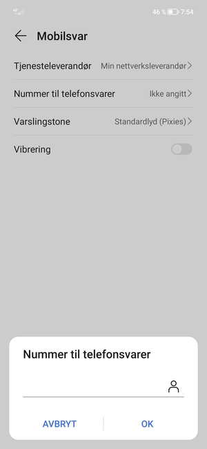 Skriv inn Nummer til telefonsvarer og velg OK