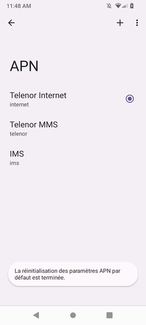 Votre téléphone va être réinitialisé avec les paramètres Internet et MMS par défaut