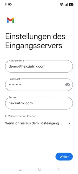 Geben Sie Benutzername und die Server-Adresse für eingehende Post ein. Wählen Sie Weiter