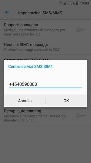 Inserisci il numero di Centro servizi SMS SIM e seleziona OK