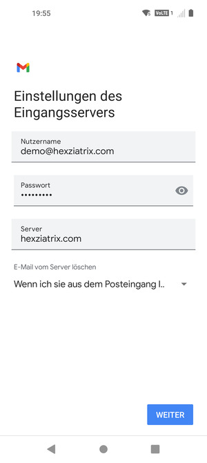Geben Sie Benutzername und die Server-Adresse für eingehende Post ein. Wählen Sie WEITER