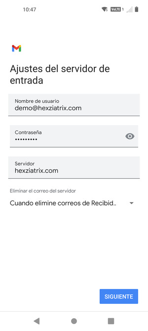 Introduzca Nombre de usuario y la dirección de servidor entrante. Seleccione SIGUIENTE