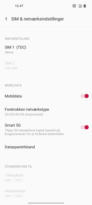 Vælg SIM 1 eller SIM 2