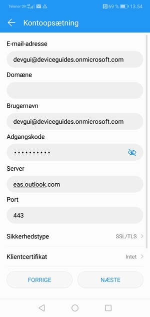 Indtast Exchange serveradresse og vælg NÆSTE