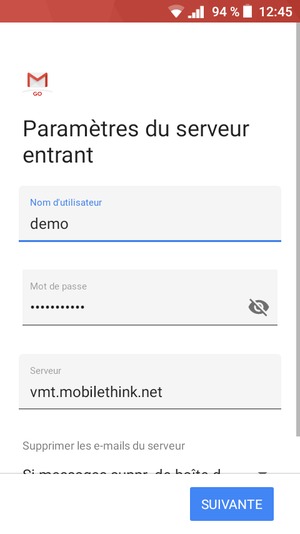 Saisissez votre Nom d'utilisateur et l'adresse du serveur entrant. Sélectionnez SUIVANTE