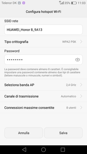 Inserisci una password dell'hotspot Wi-Fi di almeno 8 caratteri e seleziona Salva