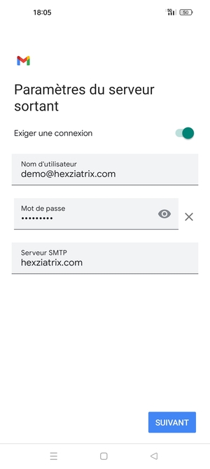 Saisissez l'adresse du serveur sortant et sélectionnez SUIVANT