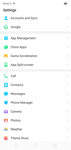 Scroll to and select Accounts and Sync