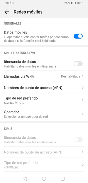Desplácese a SIM 1 o SIM 2 y seleccione Tipo de red preferido
