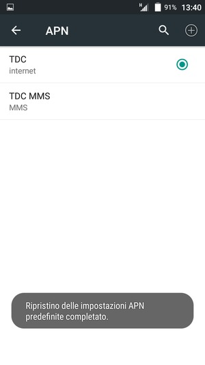 Le impostazioni del tuo telefono saranno ripristinate secondo le impostazioni internet e MMS predefinite
