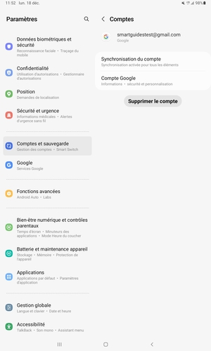 Sélectionnez Syncronisation du compte