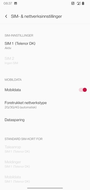 Velg SIM 1 eller SIM 2