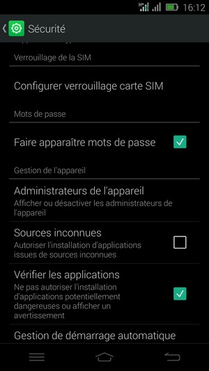 Pour modifier le code PIN de la carte SIM, retournez dans le menu Sécurité et sélectionnez Configurer verrouillage carte SIM