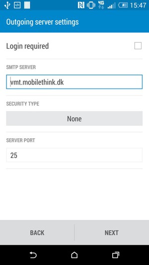 Enter email information for Outgoing server settings. Select NEXT